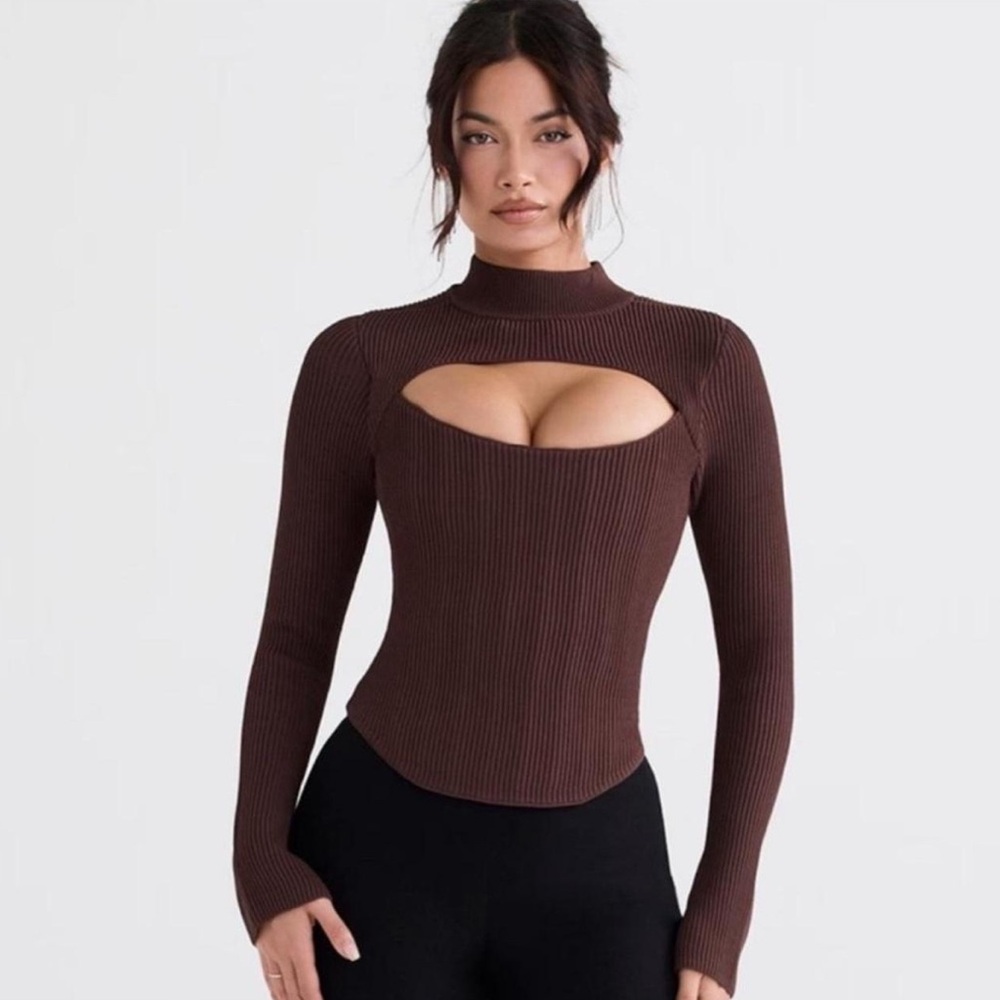 House of CB Brown Ribbed Cutout Top